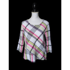 Habitat Clothes To Live In Textured Plaid Check Top Size Small Pink White Green